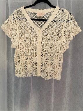 LG Ivory Crochet Button-Front Short Sleeve Cardigan